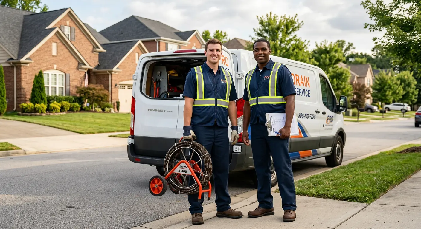 Sewer and drain service team with equipment ready for work in Pemberton