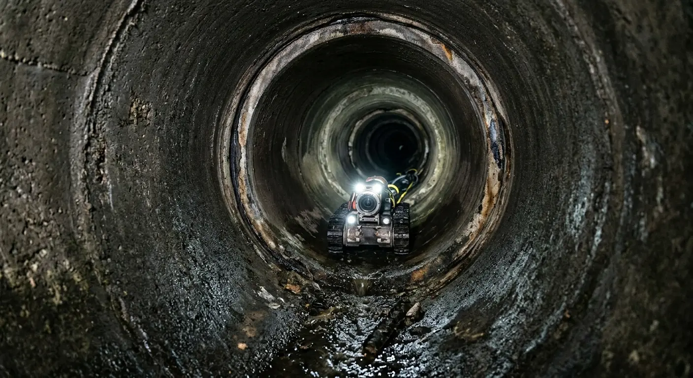 Robotic sewer camera inspecting pipe interior for Sewer Line Cleaning in Pemberton