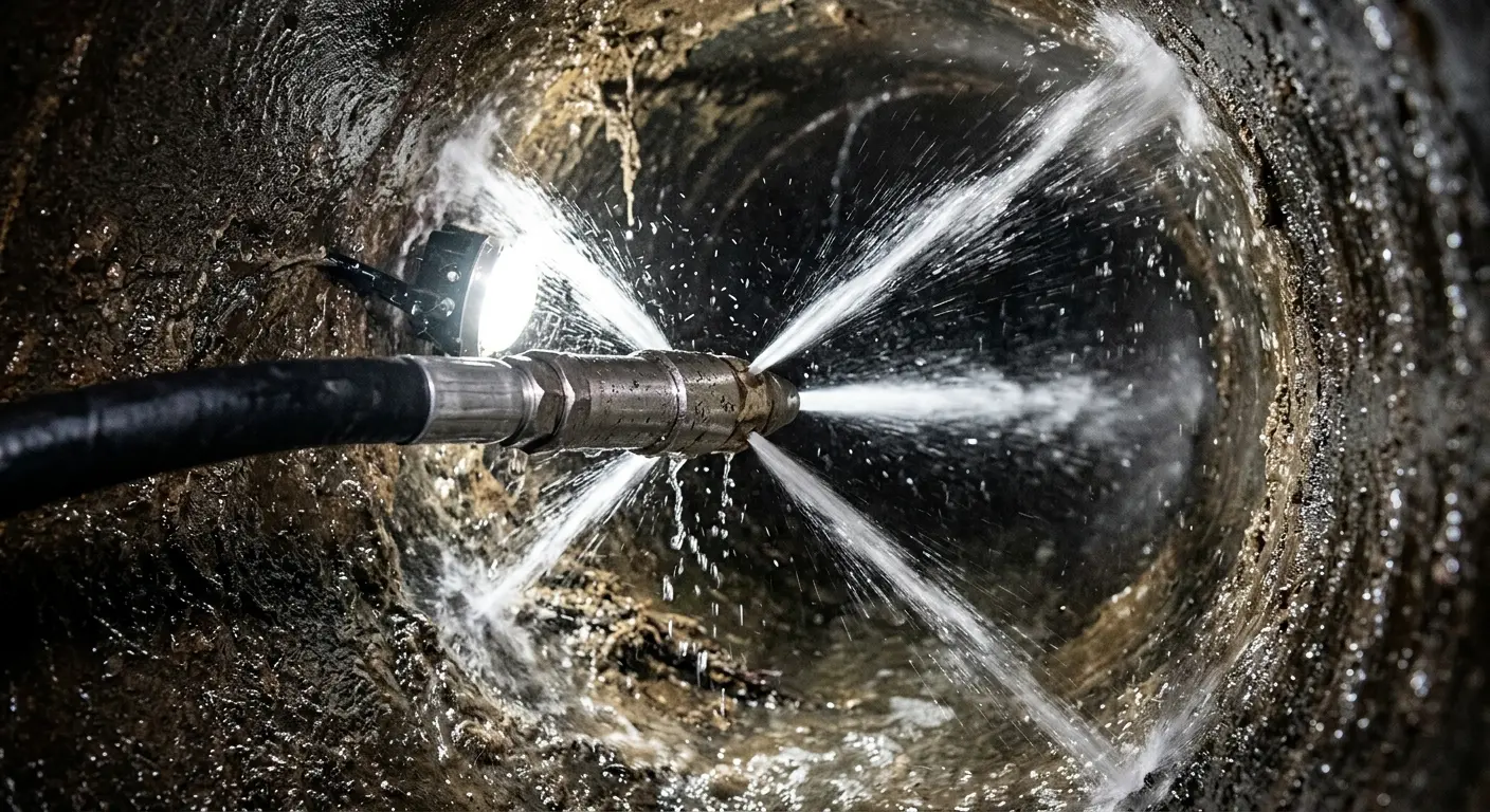 High-pressure hydro jetting nozzle cleaning sewer pipe for Trenchless Sewer Repair in Pemberton