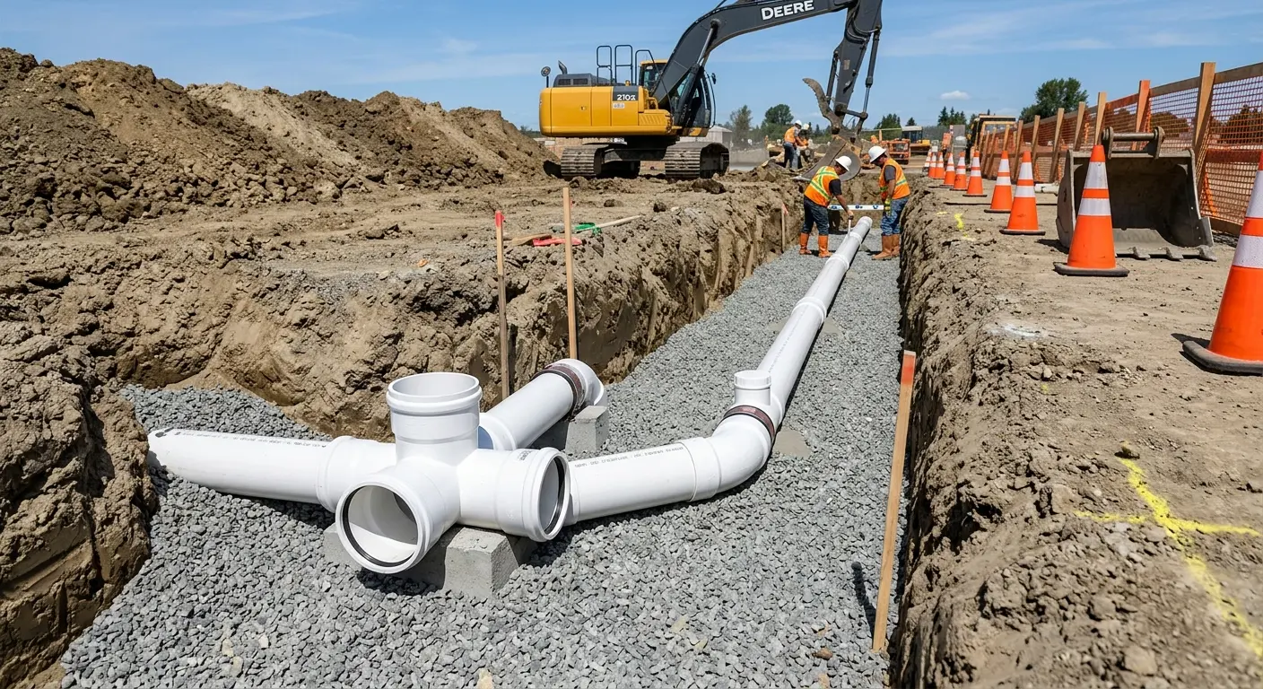 New PVC sewer pipe installation in open trench for Sewer Backup in Pemberton